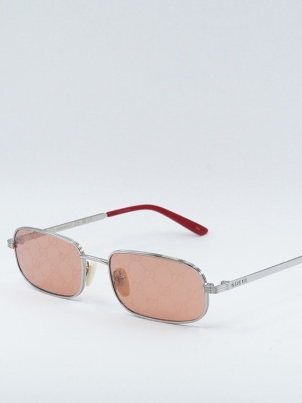Gucci GG1457S 004 Sunglasses Silver Rectangle Frame, Red Lenses